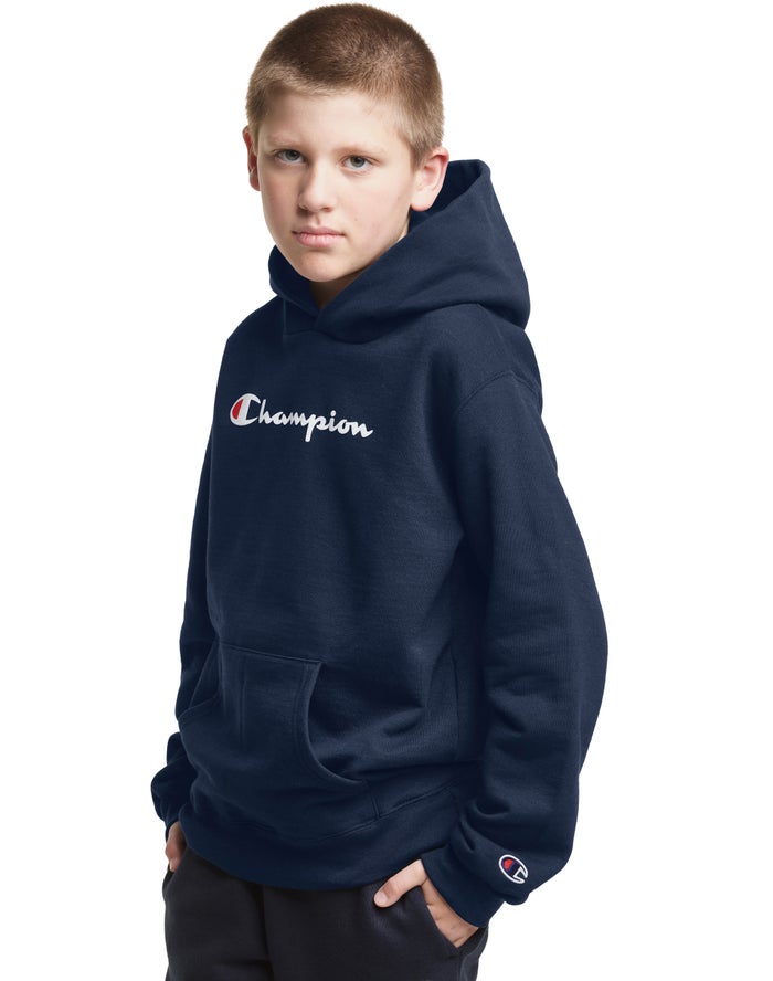 Champion Drenge Hættetrøje Mørkeblå - Pullover Script Logo - Danmark AGL-510874